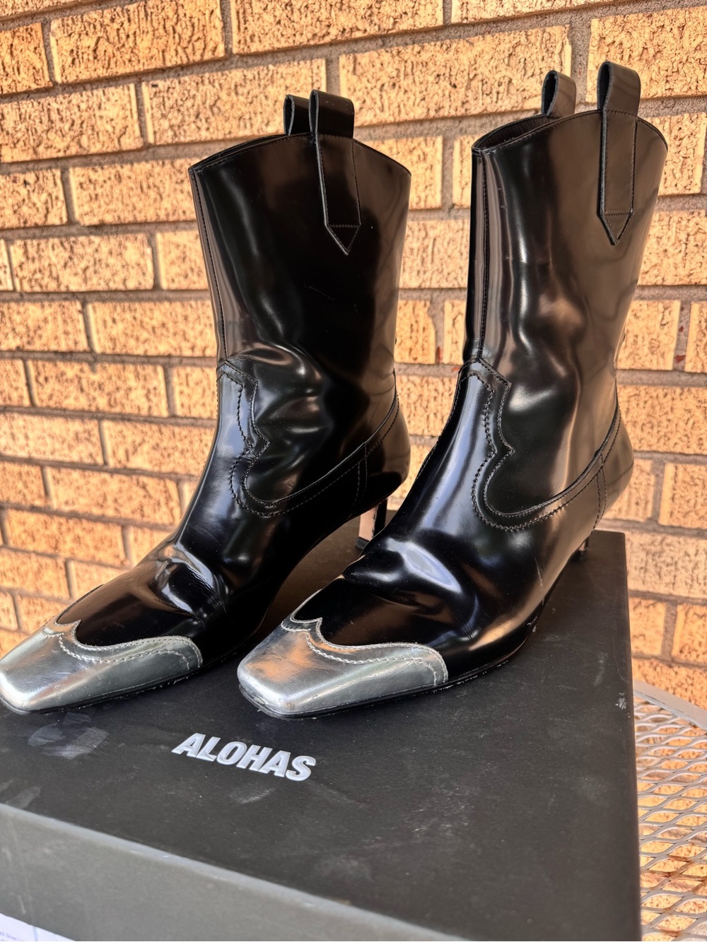 ALOHAS Black Leather Western Boots with Silver Toe Cap